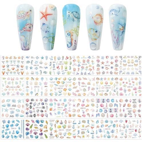NICENEEDED 2SETS Ocean Animal Water Transfer Stickers Summer Nail Art Stickers Starfish Nail Decals Seahorse Shell Mermaid Nail Design Nail Art Supplies for Nails