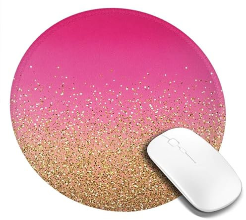Woltant Pink Gold Glitter Round Mouse Mat Smooth Surface Mouse Pad with Non-Slip Rubber Base Small Mousepad for Gaming Office Home