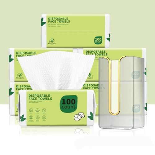 Disposable Face Towels 600 Count, Biodegradable Ultra Soft & Thick Facial Towels for Sensitive Skin, Lint-Free Makeup Remover Dry Wipes, Multi-Purpose Cleansing Towelettes with Face Towel Holder