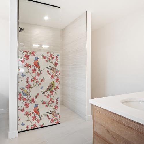 yabaduu Sichtschutzfolie für Duschkabine Duschglastüre Fensterfolie Blickdicht Milchglasfolie wasserfest Deko Klebefolie Badezimmer Dusche selbstklebend YX001 (14 Vögel, 100 x 100cm)