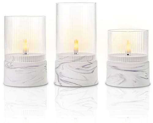 Fanna 3 Battery Operated Glass Candles with Timer Function in Marble Texture, Flameless LED Candles for Home Decor and Table Centerpieces, Grey and White Design - H 10cm / 12.5cm / 15cm