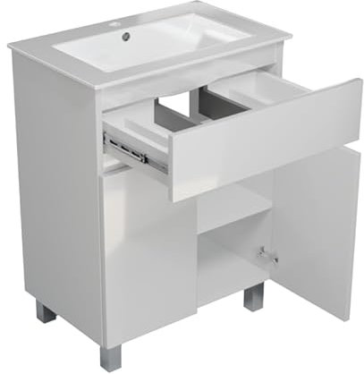 paplinskimoebel - Lavabo ARIZA con mobile largo 60 cm, Lavabo con mobile a 2 ante, Set di mobili da bagno - Bianco opaco/Fronte bianco brillante