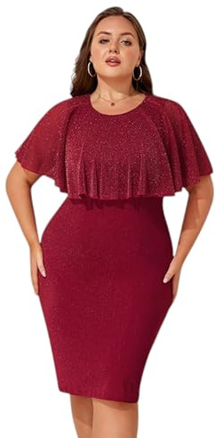 LapaPlus Übergröße Damen Glitzer Abendkleid für Hochzeitsgäste Elegante Partykleid Bodycon Cape Ärmel Netz Cocktailkleid