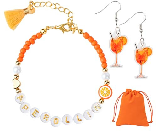 Leikedun Aperol Geschenkset für Frauen – 1x Aperol Armband & 1 Paar Orangensaftglas-Ohrringe, Holy Aperoli Deko mit Tasche, Mottoparty Accessoires für Sommer & Geburtstag
