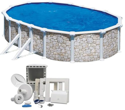 Summer Fun Premium Ovalpool-Set Steinoptik 5,00 x 3,00 x 1,20 m, frei aufstellbar, feuerverzinkte und schutzlackierte Stahlwand, UV-stabilisierte Innenhülle, Einbauskimmer-Set mit Einlaufdüse