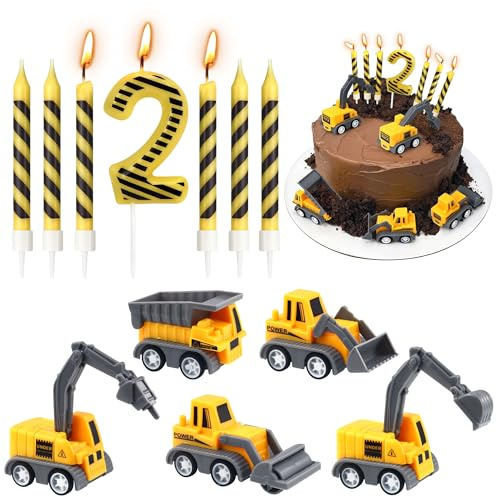 Construction Birthday Candles, 12 Pcs Construction Vehicles Cake Toppers Set with Number 2 Candle and Black Stripes Candles Cake Topper for Birthday Anniversary Party Cake Decorations
