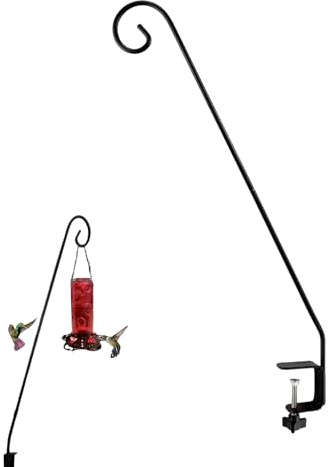 Bird Feeder Pole - Deck Hook, Outdoor Handrail | 32 Long Clamp On Sweat Basket Bracket, Heavy Duty Metal Mounting Rod with Adjustable Clamp for Flowerpots, Wind Chime, Hummingbird Station