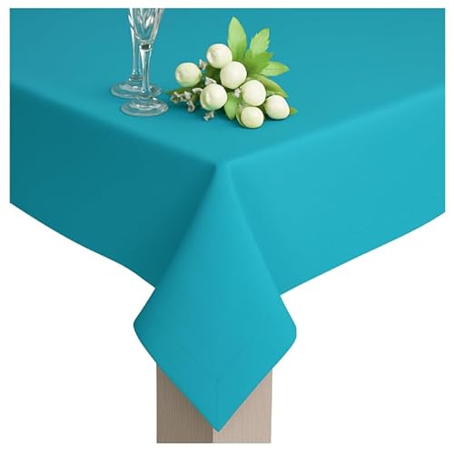 DECOOR Tischdecke 110 x 150 cm, schmutzabweisend, wasserabweisend, Türkis | matte, eckige Tischwäsche, aus Stoff in Leinenoptik, abwaschbar, mit dekorativer 5 cm Bordüre, 220 g/m²