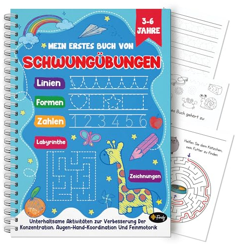 Finoly Cahier d’exercices préscolaire 3-6 ans (Allemand) | Exercices de Tracés dès 3 ans pour garçons et filles | Cahier de Graphisme pour maternelle et école | Livre de graphomot