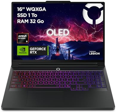 Lenovo Legion Pro 7 16AFR10H - Ordinateur Portable Gaming 16'' OLED 240Hz (AMD Ryzen 9 9955HX3D, RAM 32Go, SSD 1To, NVIDIA RTX 5080 16GB, Windows 11) Clavier rétroéclairé RGB AZERTY Français - Noir