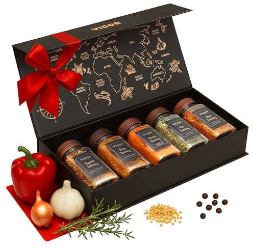 VIGOR Gewürze Geschenkset mit 5 Gewürzen - Gewürzset für Gemüse, Fisch, Fleisch, Kartoffeln und Hähnchen - Premium Gewürzbox mit Gewürzgläser für Küche - Geschenk Gewürzmischung