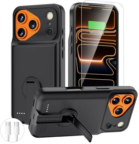 BOPPS Coque batterie pour iPhone 17 Pro Max avec support, ultra fine 8500 mAh, portable, rechargeable, coque de protection étendue pour iPhone, noir
