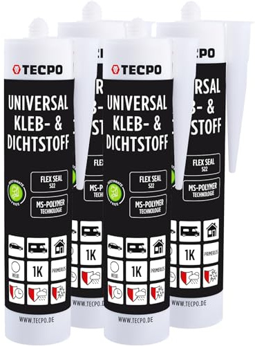 TECPO Universal Kleb- und Dichtstoff MS-Polymer 4x 480g weiß Flex Seal 522 elastisch, silikonfrei, lösemittelfrei, Auto Wohnmobil Bau Industrie Innen und Außen