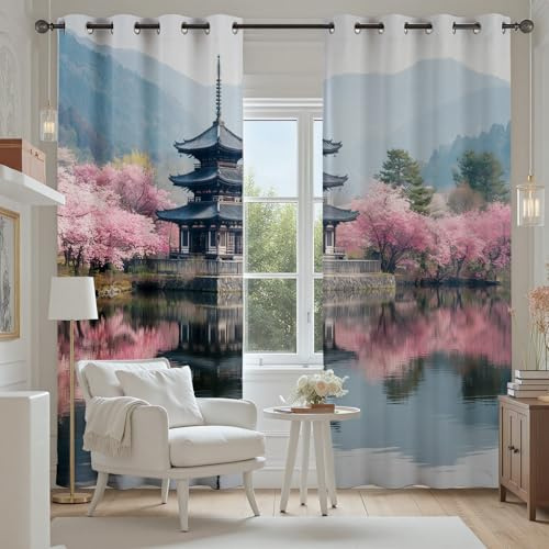 Orientalisch Pagode Vorhange Blickdicht 2er Set, Asien Natur Landschaft | Gardinen mit Ösen Berg Kirschblüte See Verdunklungsvorhänge 175 cm Lang 70 Breit Thermovorhang Wohnzimmer Schlafzimmer
