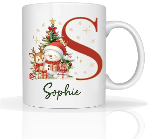 Star Online Personalised Christmas Mug Custom Printed Intial Mug 11oz Ceramic Coffee Cup Xmas Eve Secert Santa Gifts for Kids, Friends & Family (Reindeer Snowman)