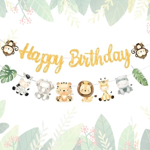 WOUYTPE Dschungel Deko Geburtstag, Geburtstagsgirlande Kinder, Happy Birthday Banner Safari, Geeignet für Die Dekoration Kindergeburtstag, Dschungel Tier Thema