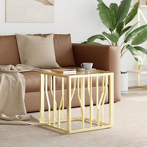 Owoxanthellate Couchtisch 50x50x50 cm Gold Beistelltisch mit edlem Marmor-Look Glas, Edelstahl Rahmen, Kleiner Sofatisch modern für Living Room, Bedroom und Flur