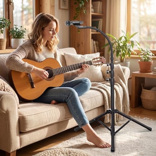 K KASONIC Soporte Micro Cuello Cisne, 2 Sujeciones para Micro | Soporte de Pie Robusto para Canto, Escenario, Exteriores & Karaoke, Altura 87–182 cm, Plegable, Bolsa Transporte