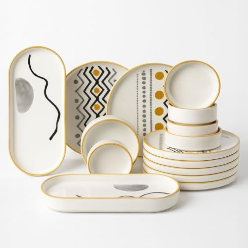 14-Piece Ceramic Breakfast Set for 6 People - Kitchen Life Axial Stackable Series - Handmade Tableware from Kütahya with Serving Plates & Bowls - Dishwasher Safe