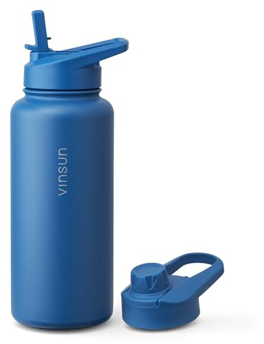 Vinsun Trinkflasche Edelstahl 1L Azurblau inkl. 2 Deckel - auslaufsicher | Strohhalm Deckel & Trinköffnung - Kohlensäure geeignet, BPA frei, isolierte Thermosflasche Sport, Schule, Outdoor