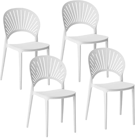 Baroni Home Juego de 4 sillas de plástico apilables, sin montaje, fáciles de limpiar, con gomas antideslizantes, para cocina, salón, comedor, 37 x 38 x 77 cm, color blanco, respaldo de rayos
