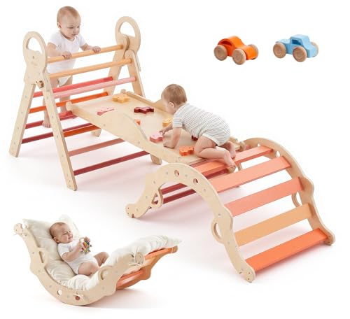 VEVOR Estructura de Escalada para Niños y Bebés, Gimnasio Montessori Plegable, Carga de 68 kg, con Cojín Arco de Escalada Tobogán Carritos de Madera, Triángulo Pikler para Niños, Madera y Naranja