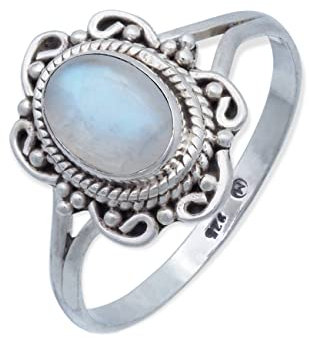 mantraroma Damen Ring 925 Silber Regenbogen Mondstein Edelstein weiß ausgefallen verspielt