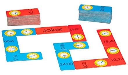 Wissner aktiv lernen 200095.IMP - Uhrzeit Domino, Lernspiel für Kinder zum spielerischen Üben der Uhr und Zeitangaben, hergestellt aus recycelter Pappe, Rot