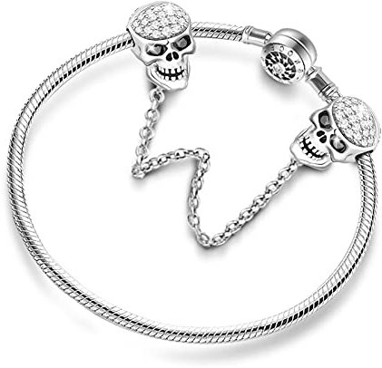 Gnoce Schwarz Schädel Charm Armband Mit Sicherheitskette 925 Sterlingsilber Weil ich dich liebe Schlangenkette Bettelarmband für Damen Herren (22.00, Style-3)