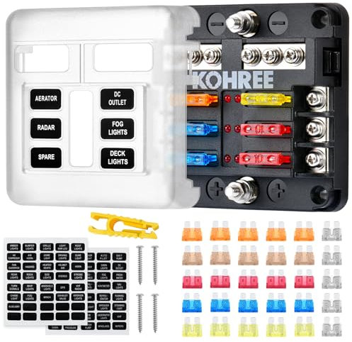 Kohree 6 Fach kfz Sicherungshalter, Sicherungshalter 12 Volt, DC 12V Sicherungskasten 100A mit 30pcs Flachsicherungen, LED-Anzeige, Schutzabdeckung Sicherungsdose Sicherungsträger für Auto Boot SUV