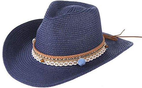 Sonnenhut Damen Strohhut Faltbar Sommer Hut Breite krempe Strandhut Cowboyhut (Blau)