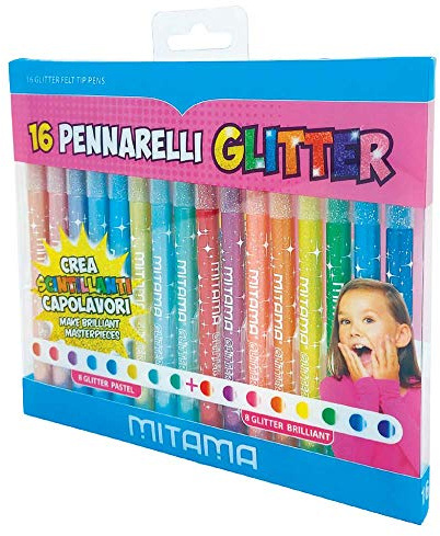 Mitama 16 Filzstifte Set, Kreatives Set mit Glitzer-Effekt, dünne Spitze, Filzschreiber, Fineliner, auswaschbar, Schulzubehör, Kindergarten, Kinder, Mädchen, Jungen, Geschenkidee