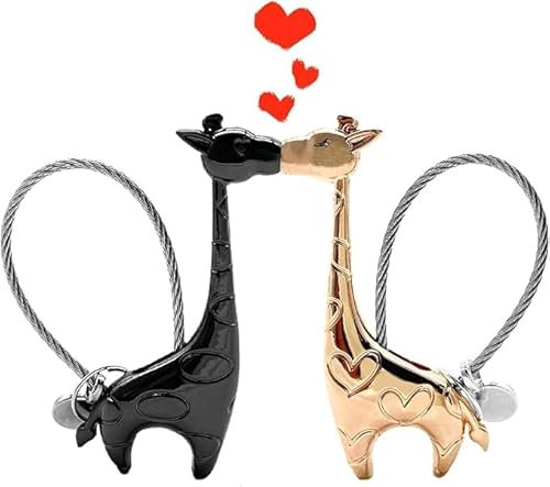 Couples Porte-clés, Porte-clés Mignon de Giraffe Porte-clés d'amour magnétique avec boîte-Cadeau en Alliage d'aluminium Couple Porte-clés Cadeaux pour Petite Amie Petite Amie (Or Noir et Rose)