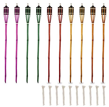 Relaxdays Antorchas Jardín, Kit 10, Bambú, Antorchas Aceite para Exterior, Mechas de Repuesto, 90 cm Altura, Multicolor