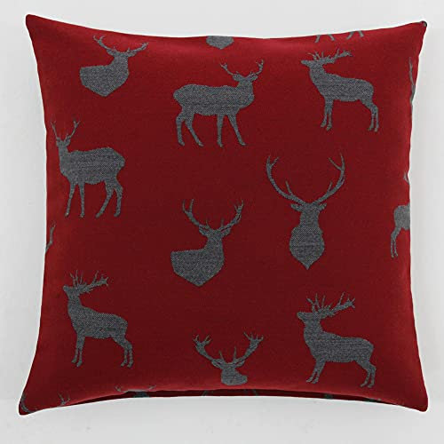 Hans-Textil-Shop Kissenbezug Hirsch Motiv, Jacquard-Mischgewebe, Reißverschluss, Vielseitig Einsetzbar, Ideal für Deko & Komfort, Bayerisches Familienunternehmen, Qualität aus Europa (50x50 cm, Rot)