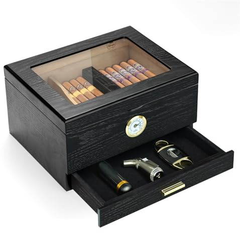 Slege Zigarren Humidore, Humidor-Zigarren, Spanische Zeder Hölzerne Zigarrenbox, Zigarren Zubehör Schublade, mit Humidor Befeuchter,Hygrometer,Teiler,Männer Geschenk Zigarren Zubehör(1-50 Zigarren)