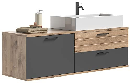 xonox.home Badezimmer Mason Waschbeckenunterschrank Unterschrank Waschtischunterschrank hängend in Front Basalt grau Nb. Korpus Nox Oak Nb.,ca.136x47x48 cm inkl. Waschbecken