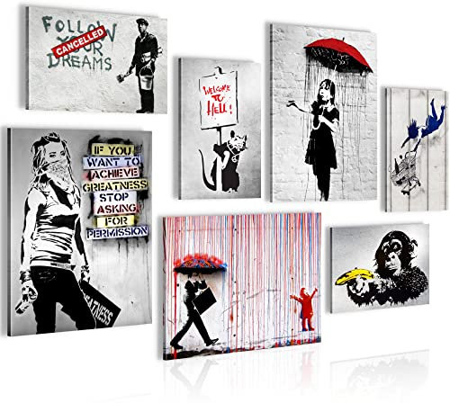 Novart Wandbilder Banksy Collage - KOMPLETT AUFHÄNGFERTIG - Street Art Wohnzimmer Büro - 7 Moderne Mood-Bilder - N019471a