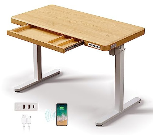 kowo Electric Standing Desk with Drawer, USB C Hub & Wireless Charger, Height Adjustable Sit Stand Desk Stand Up Rising Desk Adjustable Table Home Office Computer Desk with Storage, 120cm (L) Maple