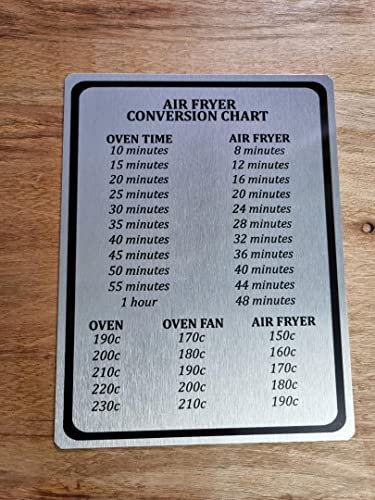 BigBazza Retro Door Wall Tin Plaque 20x15cm Garage Gift Metal Sign Deluxe Shiny Chrome Air Fryer Conversion Oven Food Cooking Time Chart Temperature House Restaurant Café Pub Bar, silver
