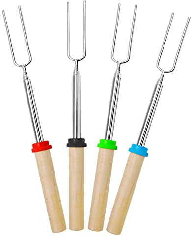 Barbecue Forks-4 Pack Marshmallow Roasting Sticks Extendable Stainless Steel 32 Inch U Shape Hot Dog Fork with Wooden Handle Grilling Skewers for Fire Pit and BBQ Campfire Party