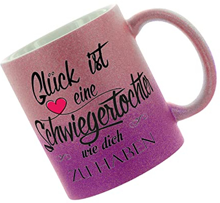 Crealuxe Glitzertasse (Pink-Purple) 'Glück ist eine Schwiegertochter wie dich zu haben' personaliert, Kaffeetasse, Bürotasse