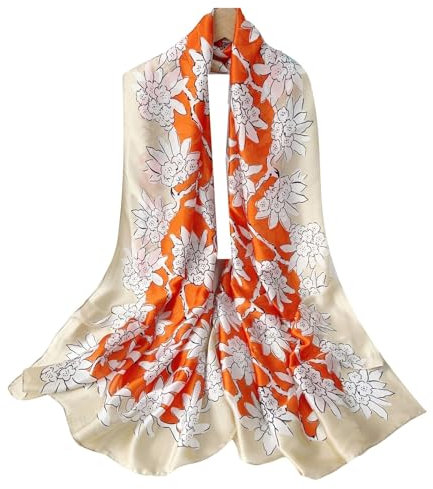 Silk Scarf Women Green Shawl Stain Neckerchief Head Wraps Thin Scarf Ladies Beach Shawl Vintage Painting Bridal Belt Chiffon Scarf Muslim Colourful Cloth Birthday gifts (Orange-white)