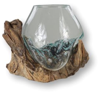 HSM Collection Vase auf Wurzel – Teck/Glas ± 17 x 12 x 14 cm