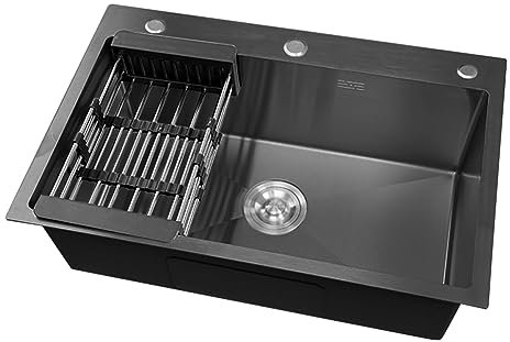 Lavello Cucina Lavello in Acciaio Inox 304 Lavandino Cucina Multifunzione con 3 Fori Lavello da Incasso a 1 Vasca (55 * 45 cm, Nero)
