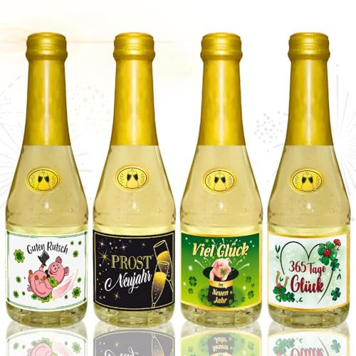 4x Piccolo 0,2l Geschenk zu Silvester Sekt 2025 Silvestergeschenk zum Jahreswechsel: happy new year | Viel Glück | Guten Rutsch | Prost Neujahr, Sekt Secco Beerenperlwein halbtrocken 8% vol.