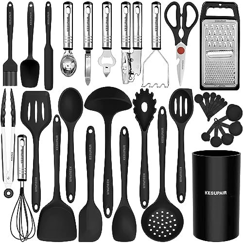 Kitchen Utensils Set - 446°F Heat Resistant Silicone Cooking Utensils Set-Kitchen Tools and Gadgets for Cooking Nonstick Cookware with Tongs,Turner,Spatula,Spoon,Brush,Whisk,Peeler,Grater,Scissors