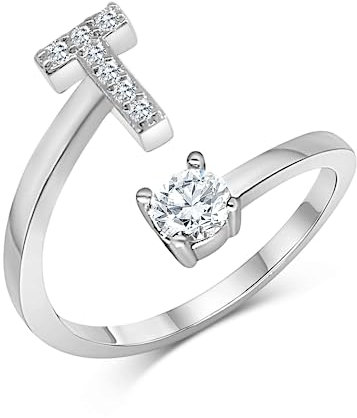 Zelaro Silber Ring mit Buchstabe | Zirkonia Ring mit Initialen | Pärchen Ringe für Mädchen Geschenk für Freundin | Frauen Ring als Schmuck Ringe zum Jahrestag | Verstellbare Ringe in Silber (T)