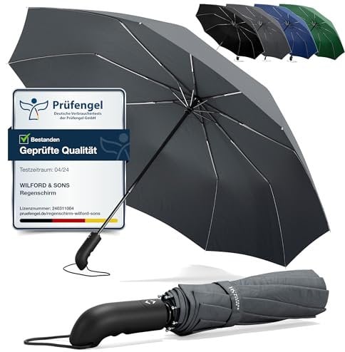 Paraguas Plegable con Teflón Impermeable - Abrir y Cerrar Automático con 9 Varillas a Prueba de Viento hasta 140km/h – Robusto Pequeño Ligero Resistente para Adultos, Hombres y Mujeres, Gris