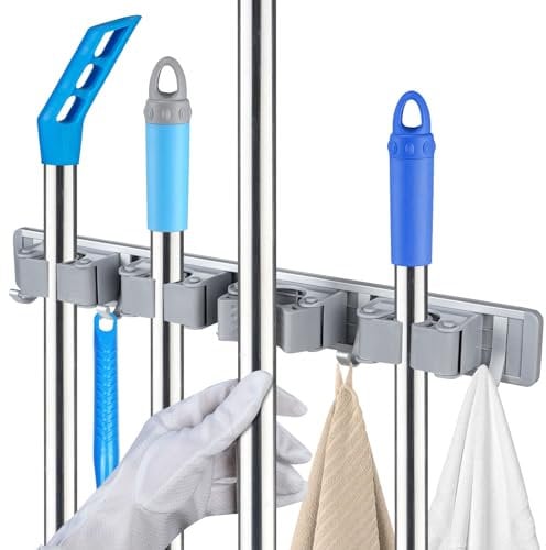 Vicloon Broom Mop Holder, Broom Holder Wall Mounted Gripper with 4 Slot 5 Hooks, Heavy Duty Broom Storage, Brush Holder Hanger, Brush Holder Hanger for Broom Cupboard Kitchen Bathroom Garage Garden